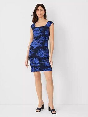 NWT Ann Taylor $149 Cap Sleeve Square Neck Sheath Dress Size M Dazzling Blue
